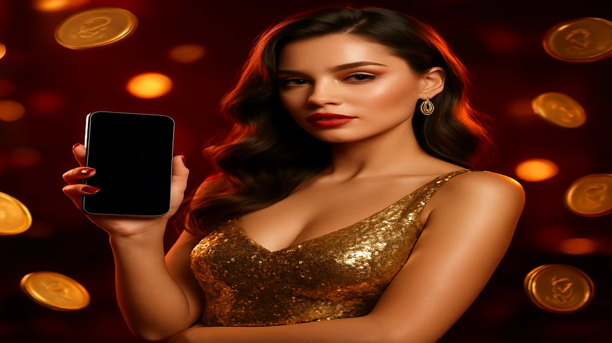 একটি সুগঠিত এশীয় নারী, ঝলমলে স্বর্ণালী পোশাক পরা, একটি স্মার্টফোন ধরে আছেন; সাথে সোনালি কয়েন-বর্ষণ হচ্ছে—cbaj-এর ক্রিপ্টো-গেমিং প্ল্যাটফর্মের গেমগুলো প্রচারিত হচ্ছে।