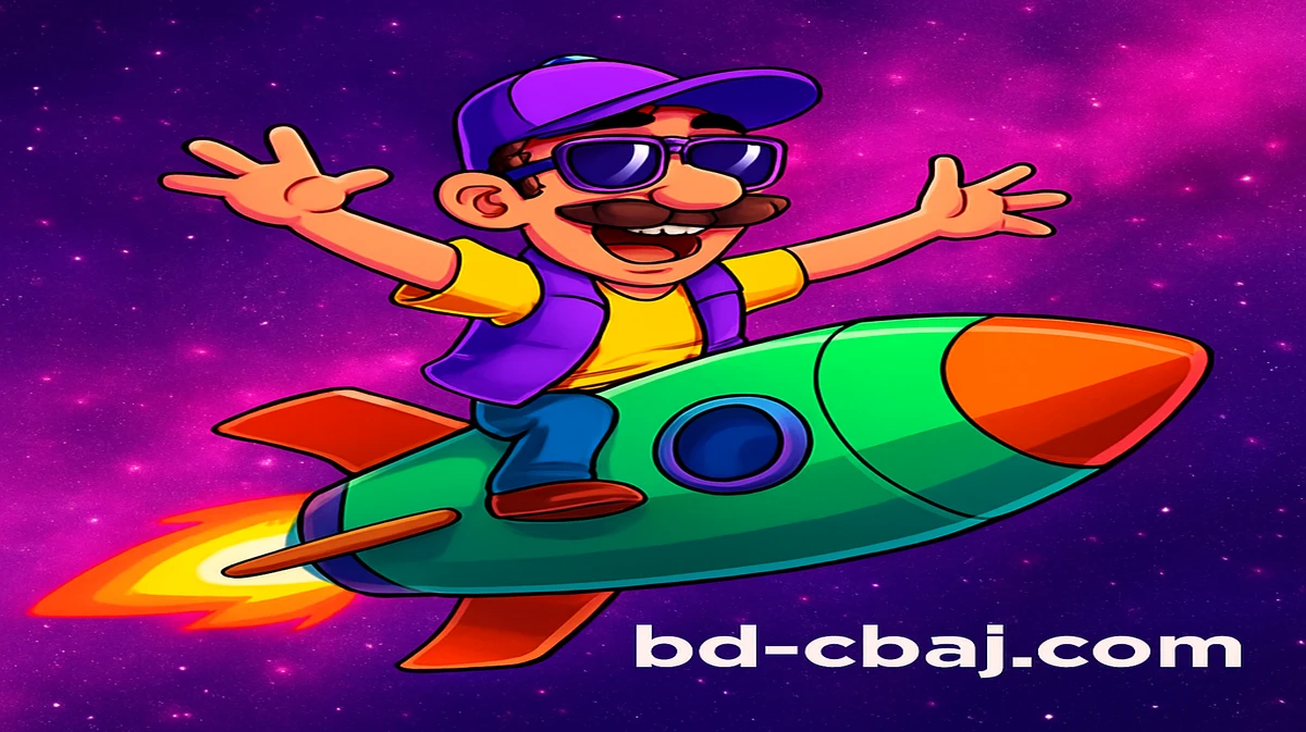 একটি স্টাইলাইজড চরিত্র, দাড়ি ও সানগ্লাস পরা, একটি রকেটে চড়ে তারকা-গ্যালাক্সি জুড়ে ভ্রমণ করছে, cbaj প্ল্যাটফর্মে জনপ্রিয় জেটএক্স গেমটির প্রচারের জন্য।